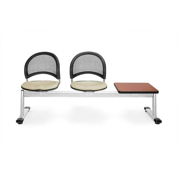 OFM Moon Series Model 333T 3-Unit Beam Seating with 2 Fabric Seats & 1 Table, Khaki with Cherry