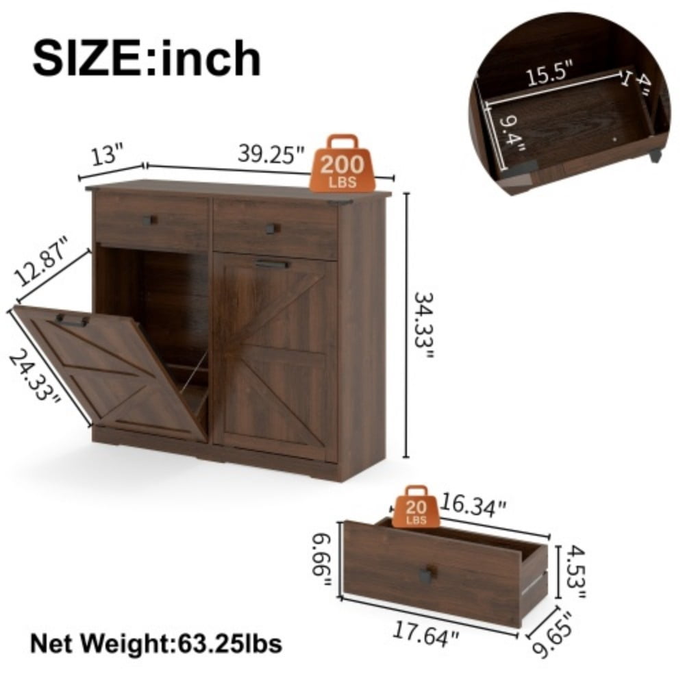 Farmhouse Double Tilt-Out Trash Cabinet, 2 x 10 Gallon Hidden Garbage Can Storage, Recycling Cabinet with Drawers, Barn Door Style, Walnut