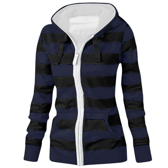 XPMWRP Women's Striped Fleece Lined Windbreaker Hooded Jacket Plus Size Outdoor Long Sleeve Coat Full Zip Fall Winter Fashion Loose Clothes with Pocket Blue M