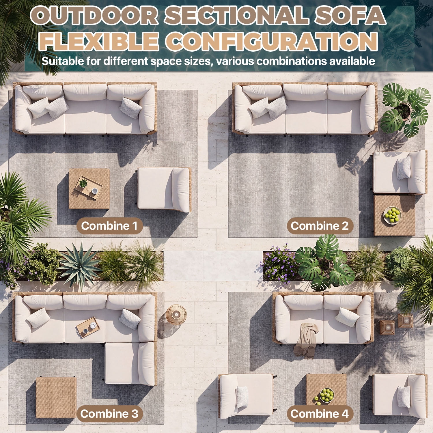 BaPiPro 5-Piece Modular Outdoor PE Rattan Sectional Sofa Set, All Weather Patio Furniture with Removable 4" High Density Cushions & Tempered Glass Coffee Table for Backyard Garden Courtyard, Beige