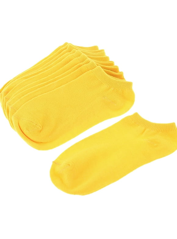 Women Yellow Stretch Cuff Low Cut Ankle Socks 5 Pairs