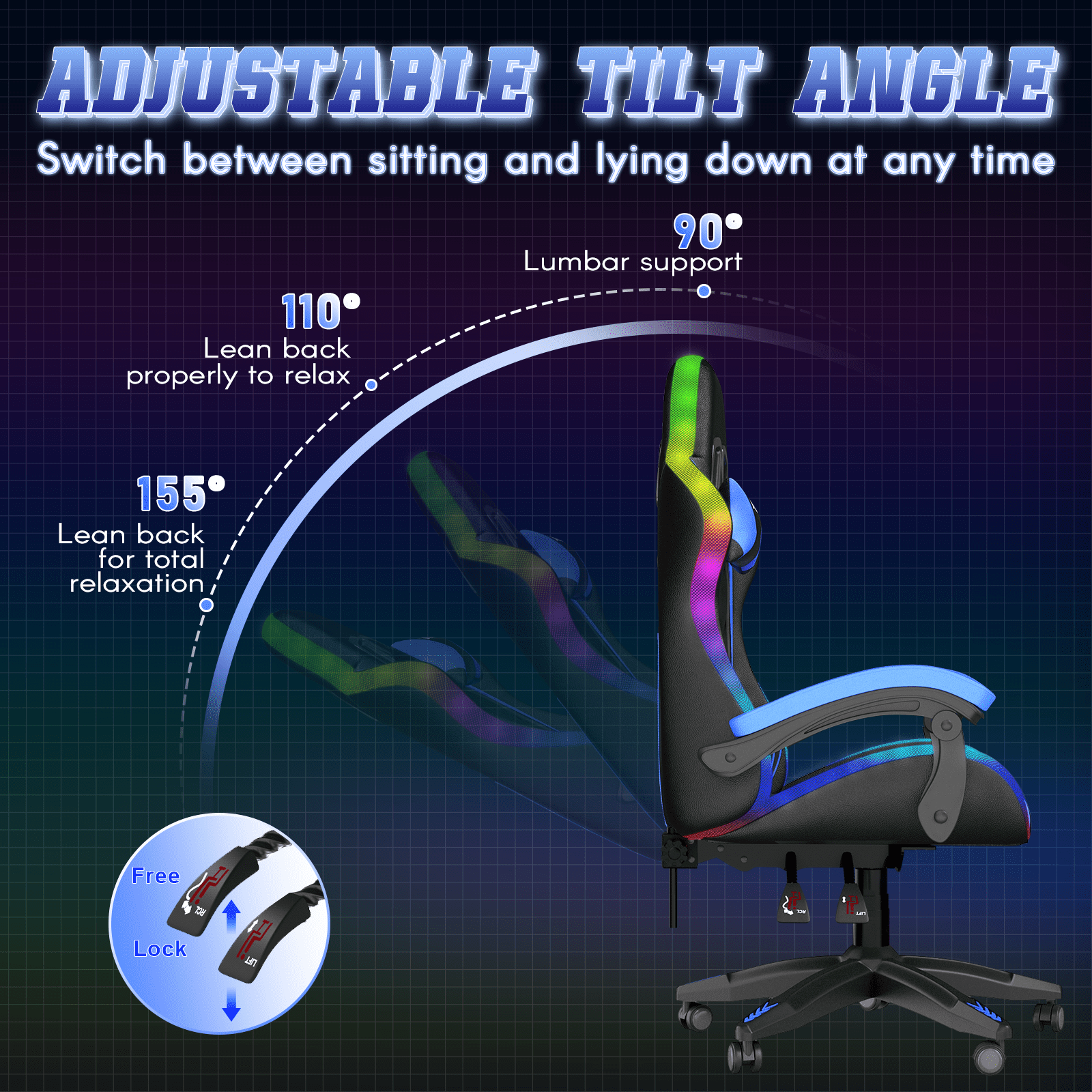 Bigzzia Gaming Chair with LED Lights Ergonomic Office Chair for Adults and Kids - Adjustable Height, 360° Swivel, Headrest Support, Mesh PU Leather, Black & Blue