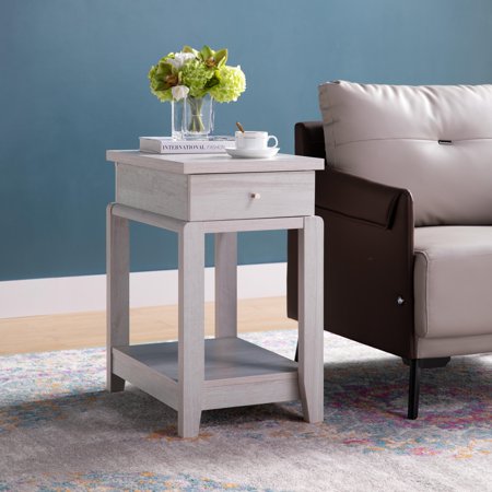 ICE ARMOR White Oak Chairside Table with Bottom Shelf and Drawer