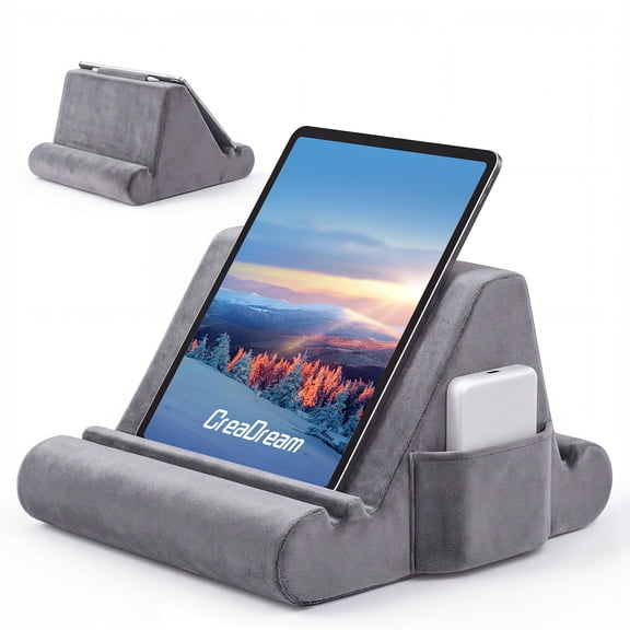 CreaDream Tablet Pillow Stand, Soft Pillow Pad for Lap, Tablet Holder Dock for Bed with 3 Viewing Angles, Pocket, Stylus Mount,Grey
