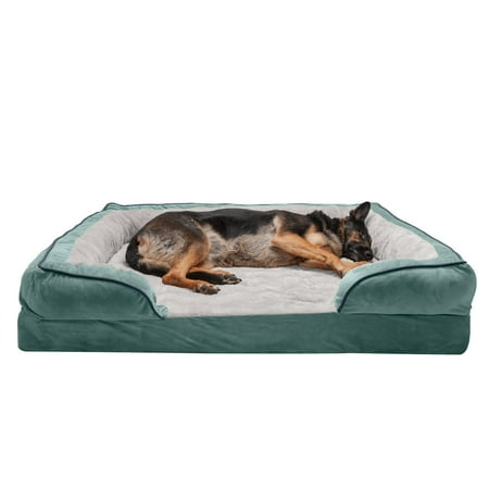 UPC: 0842229119909 | FurHaven Pet Products | Memory Foam Perfect Comfort Velvet Waves Sofa-Style Couch Pet Bed for Dogs & Cats Celadon Green Jumbo Plus