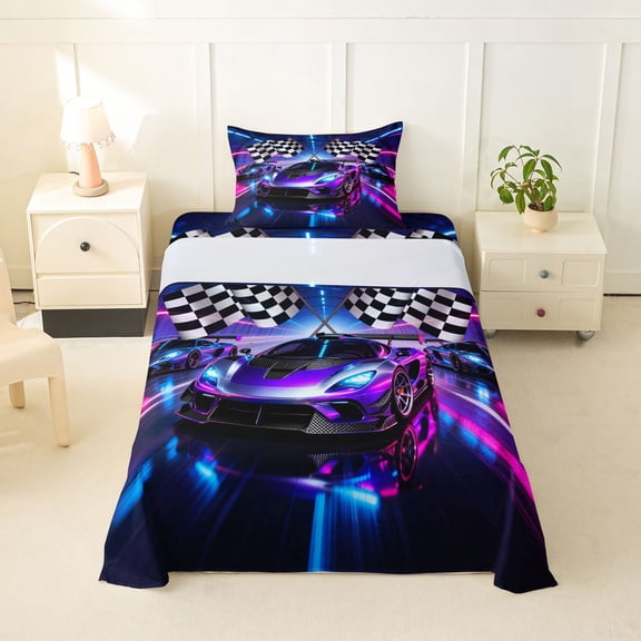 Castle Fairy Neon Race Car Trio Twin Sheet Sets 3pcs for Kids, Checkered Flag Glow Bedding for Bedroom, Purple Pink