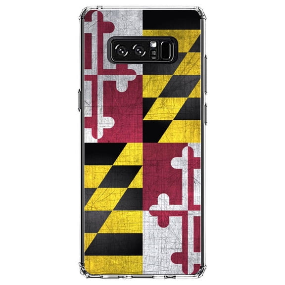 DistinctInk Clear Shockproof Hybrid Case for Samsung Galaxy Note 8 - TPU Bumper, Acrylic Back, Tempered Glass Screen Protector - Old Weather Maryland Flag - Maryland