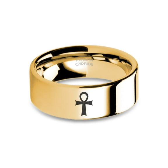 Egypt Ankh of Osiris Engraved Yellow Gold Tungsten Ring, Polished, 8mm, Size 15