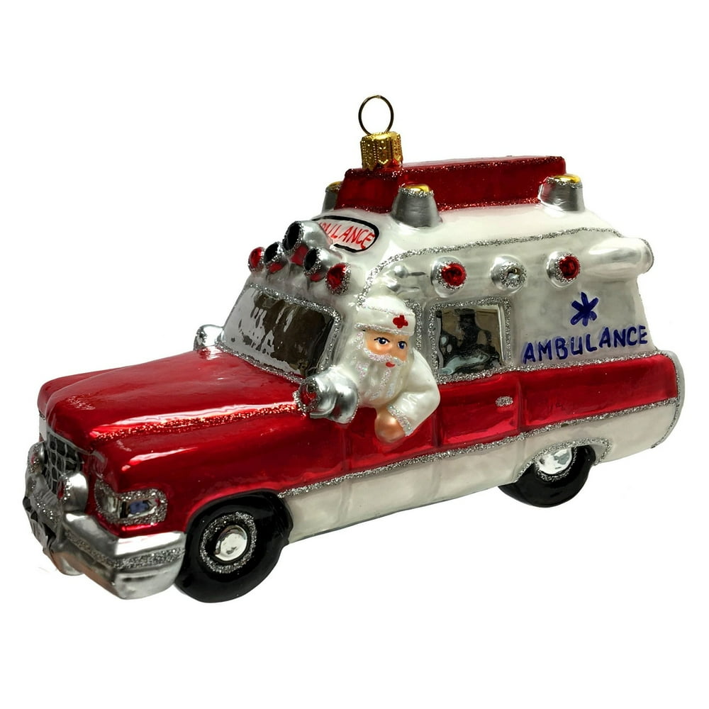 Santa Driving Ambulance Polish Glass Christmas Tree Ornament Decoration