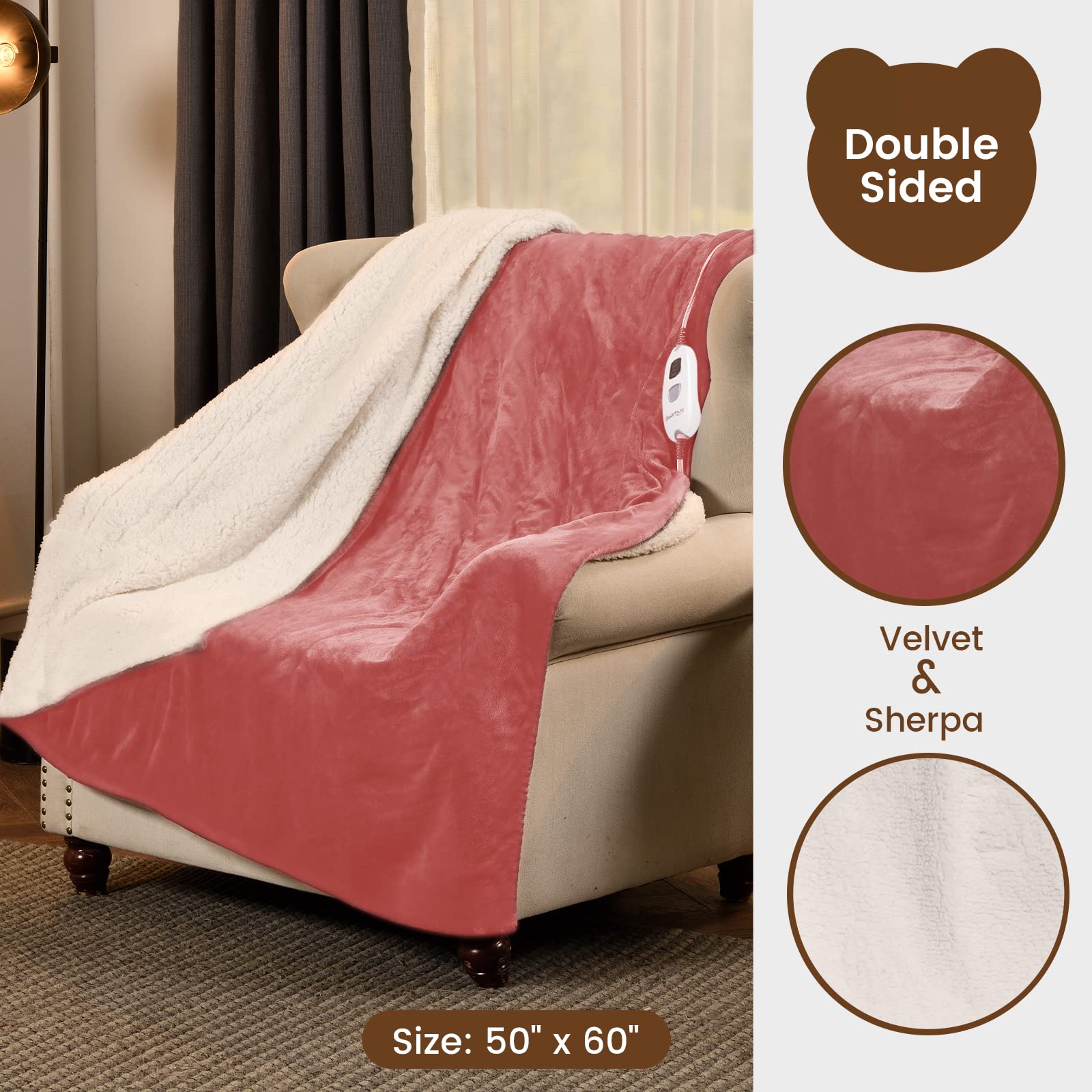 New Lanuch] Bearhug 50 x 60 Electric Heated Throw Blanket, 5 Year  Warranty, Reversible Velvet/Sherpa, 4 Heating Levels u0026 6H Auto Off, Over- Heat Protect, ETL Certification, Machine Washable, Pink - Walmart.com