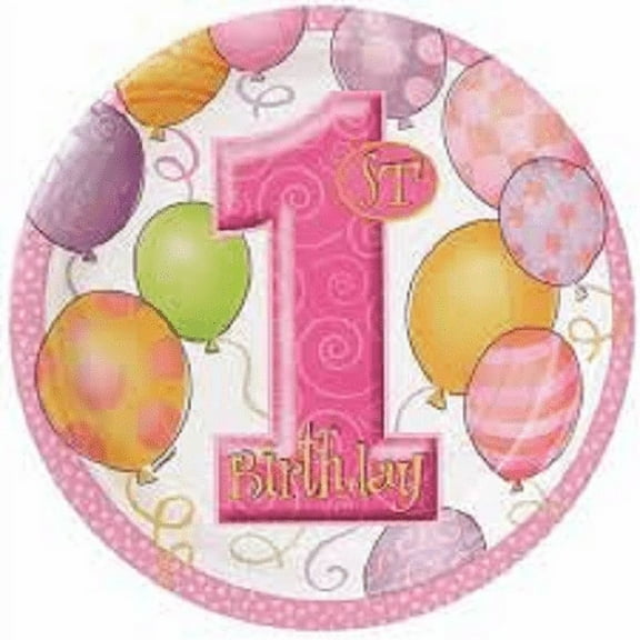 9" Pink Balloons 1st Birthday Party Plates, 8ct