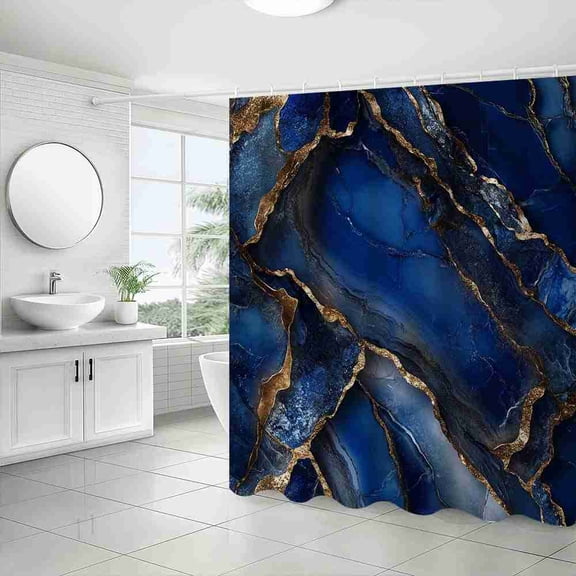 70x70 inch Blue and Gold Marble Shower Curtain, Waterproof Polyester Fabric with Hooks for Bathroom Decor