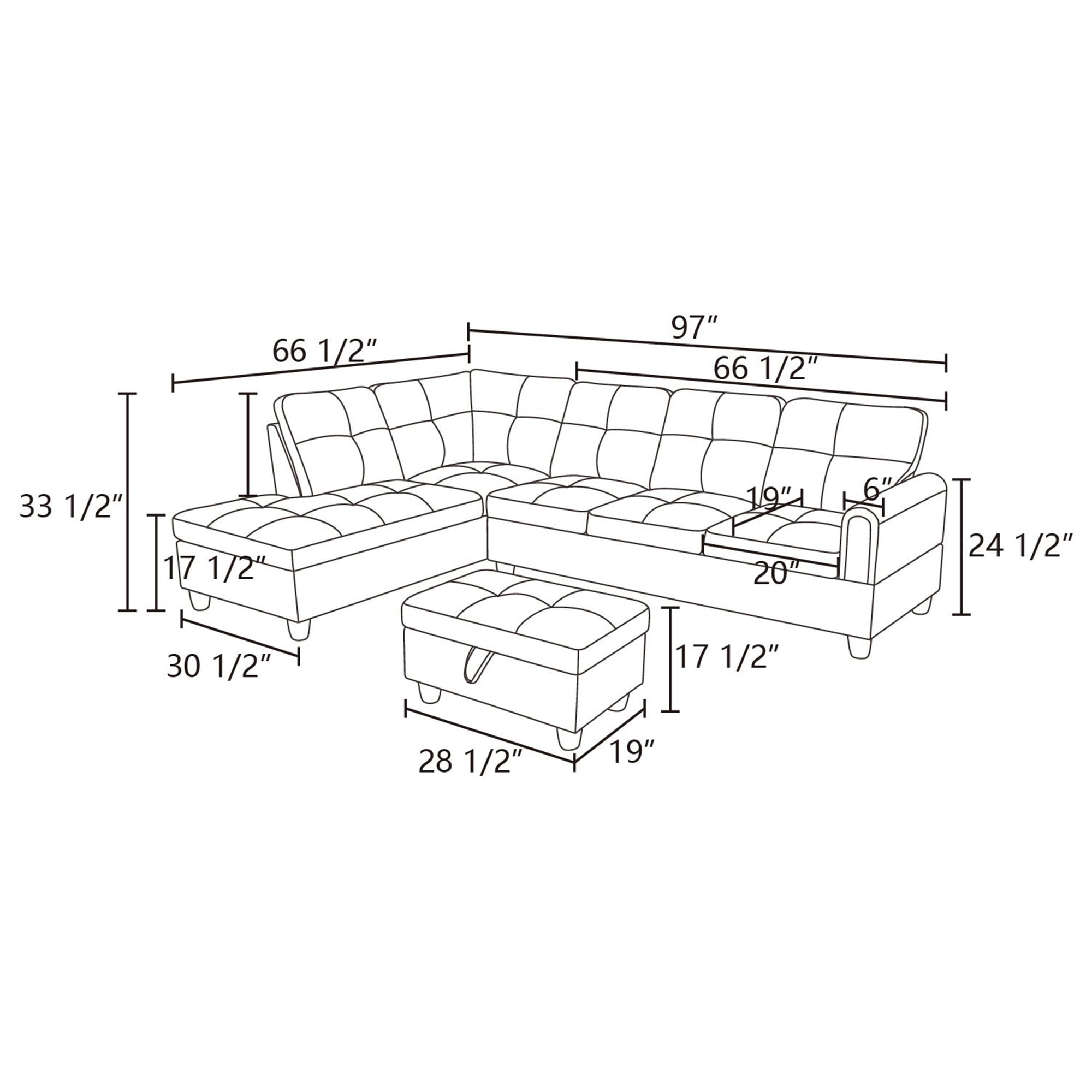 Aukfa Sectional Sofa, Living Room Couch with Storage Ottoman, Left Facing, 2Pillows, Flannel, Gray