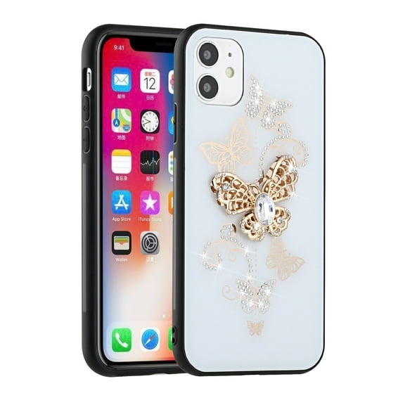 For Apple iPhone 14 (6.1") 3D Diamond Bling Sparkly Glitter Ornaments Engraving Hybrid Armor Metal Fashion Cover ,Xpm Phone Case [ White Garden Butterflies ]