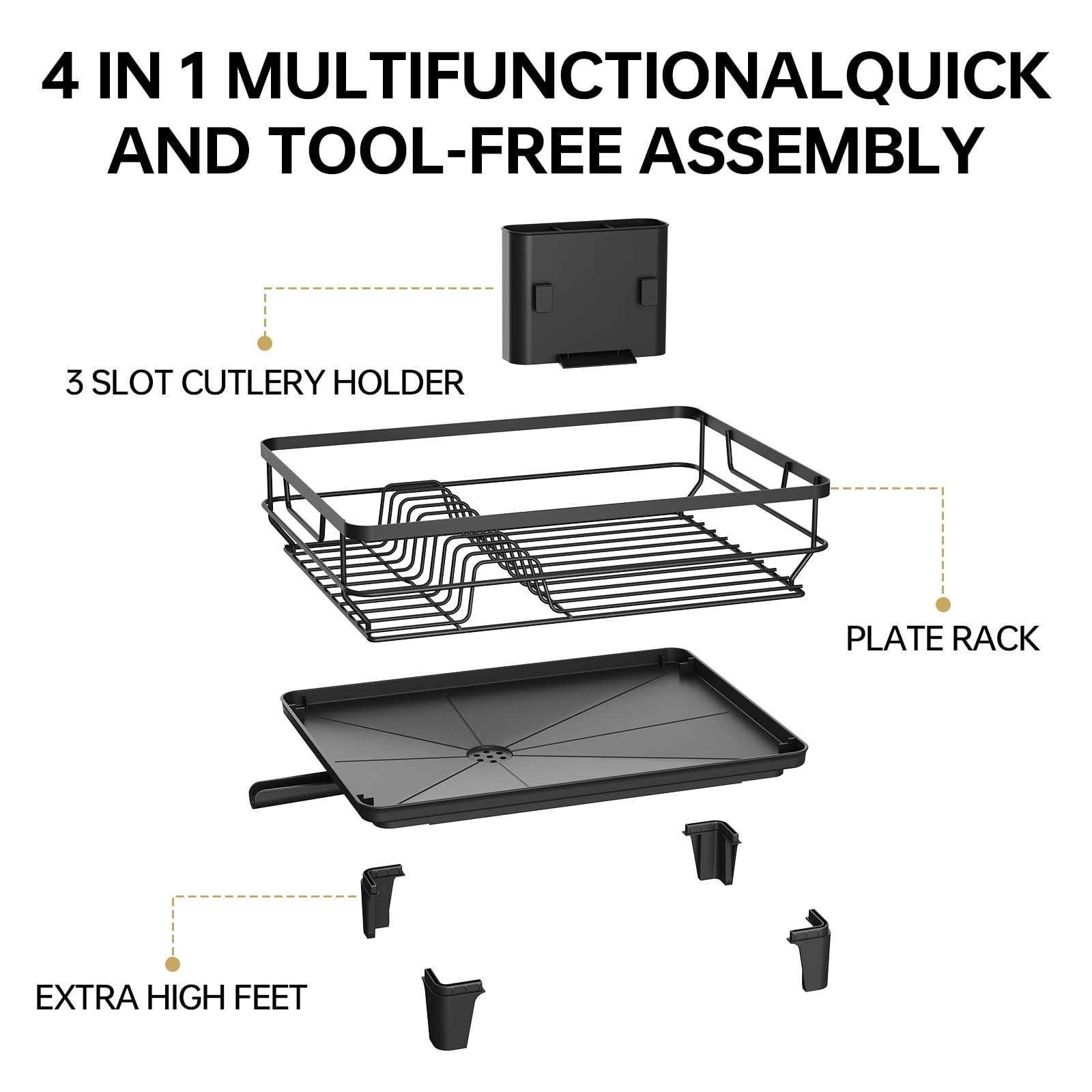 KINGRACK Dish Drying Rack, Large Dish Rack with Drainboard and Cup & Utensil Holders, Stainless Steel, Over Sink or Counter, Black