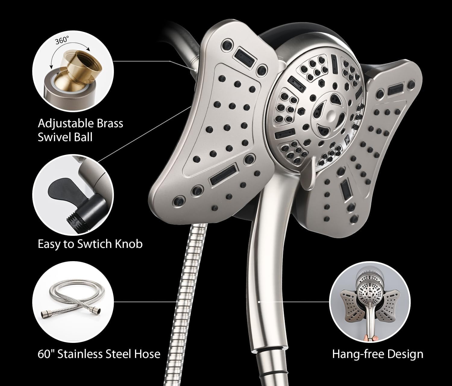 KESTE Shower Head with Handheld Combo: High Pressure 2 in 1 Waterfall Shower Heads with Detachable Handheld Shower Head, 9 Mode Adjustable, Dual Showerhead with Anti-Clog Nozzles and Hose, Nickel