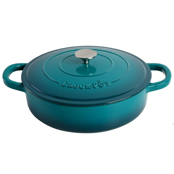 Crock-Pot 5 Quart Round Enamel Cast Iron Covered Dutch Oven Cooker, Teal Ombre