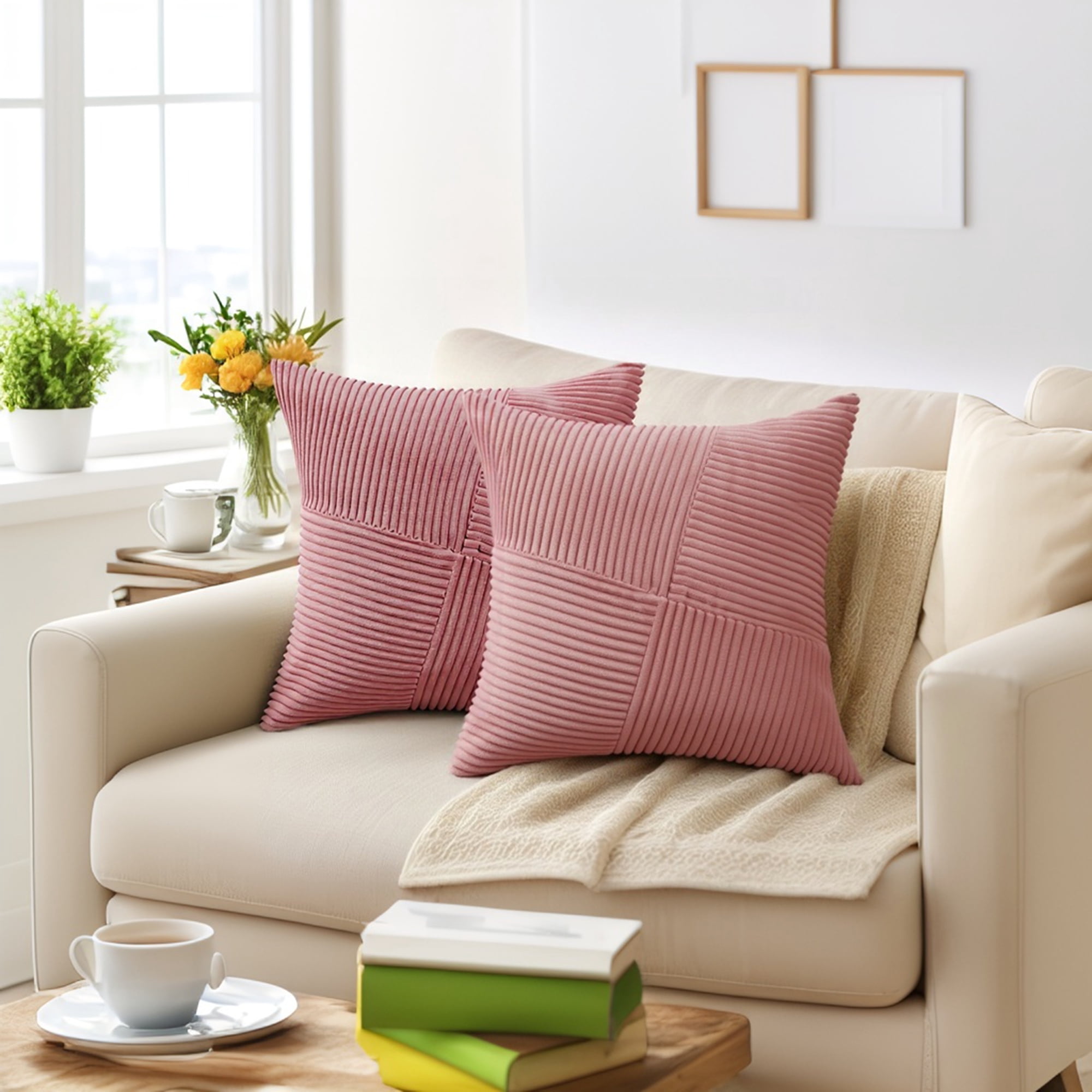 Unique Bargains Solid Corduroy Throw Pillow Covers Set of 2 Pink 18" x 18"