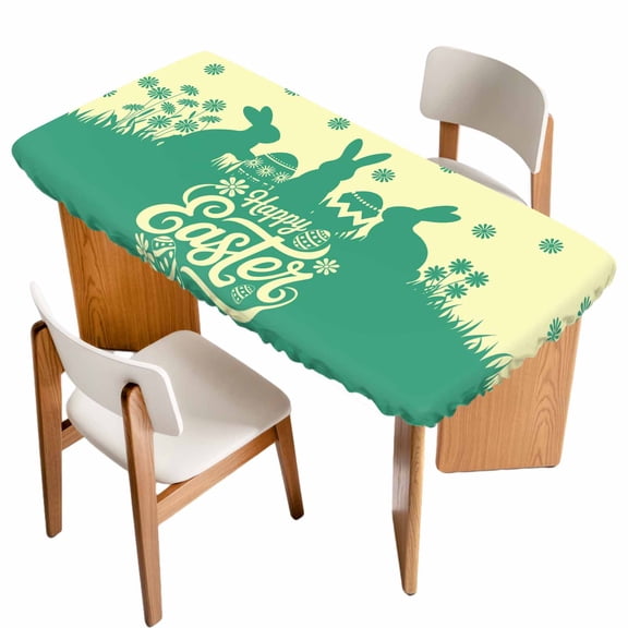 Happy Easter Rabbits Table Cloths for 6 Foot Rectangle Tables, Spring Daisy Green Silhouette Yellow Patio Waterproof Elastic Fitted Tablecloths, Washable Rectangular Table Cover for Camping