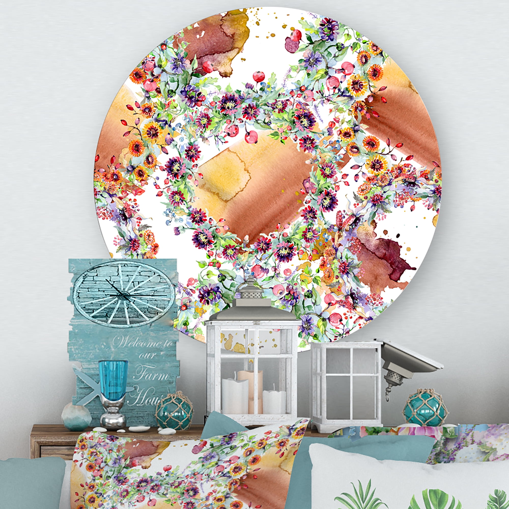Designart 'Vibrant Wild Spring Leaves, Berries and Wildflowers' Modern Circle Metal Wall Art 23x23 - Disc of 23