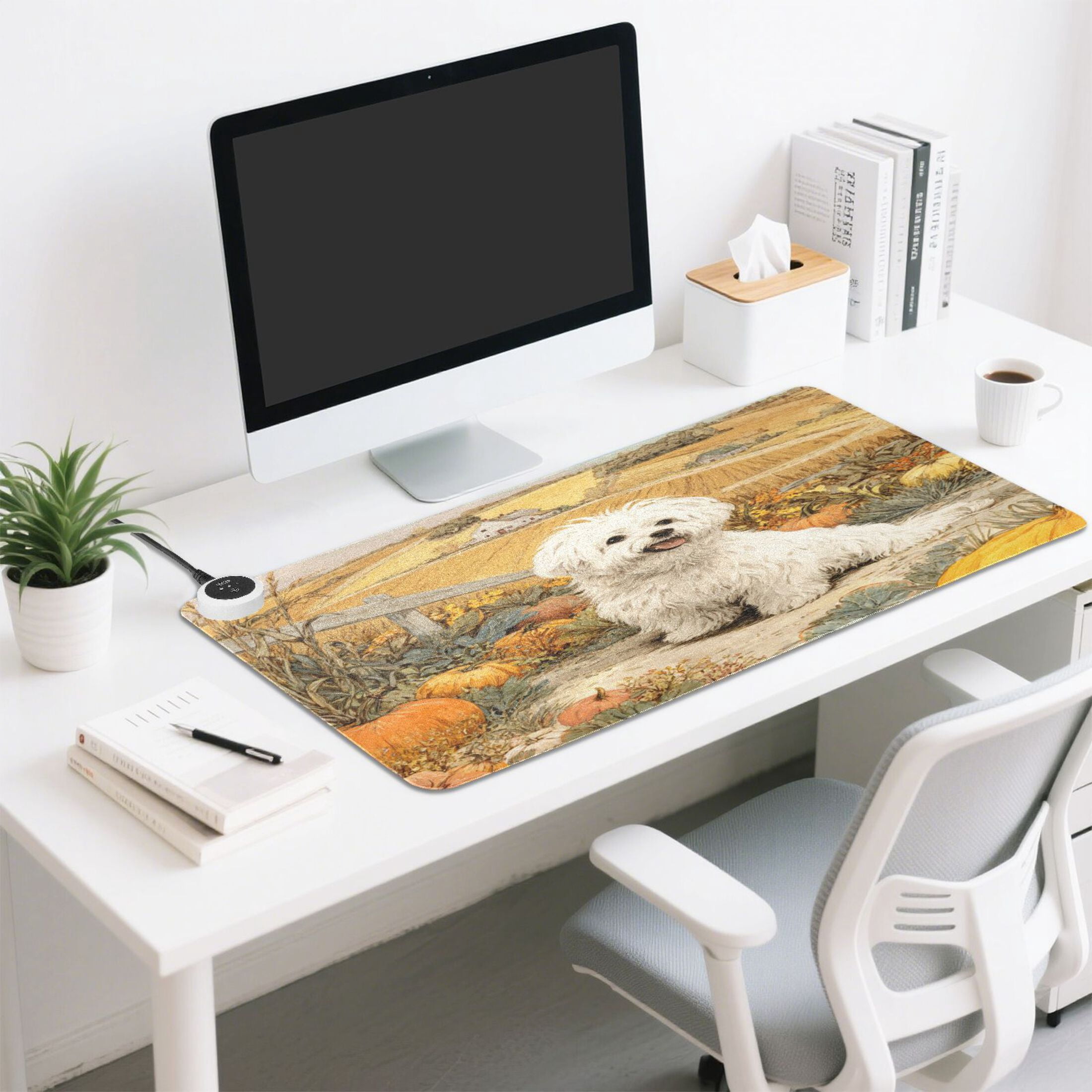 Large Heated Desk Mat Mouse Pad 31.5"x13"PU Leather Graphene Heating Desk Warmer with 3 Temperature Settings 110V US Plug Non-Slip Warm Pad for Home, Office, and Gaming White Havanese Dog Pattern