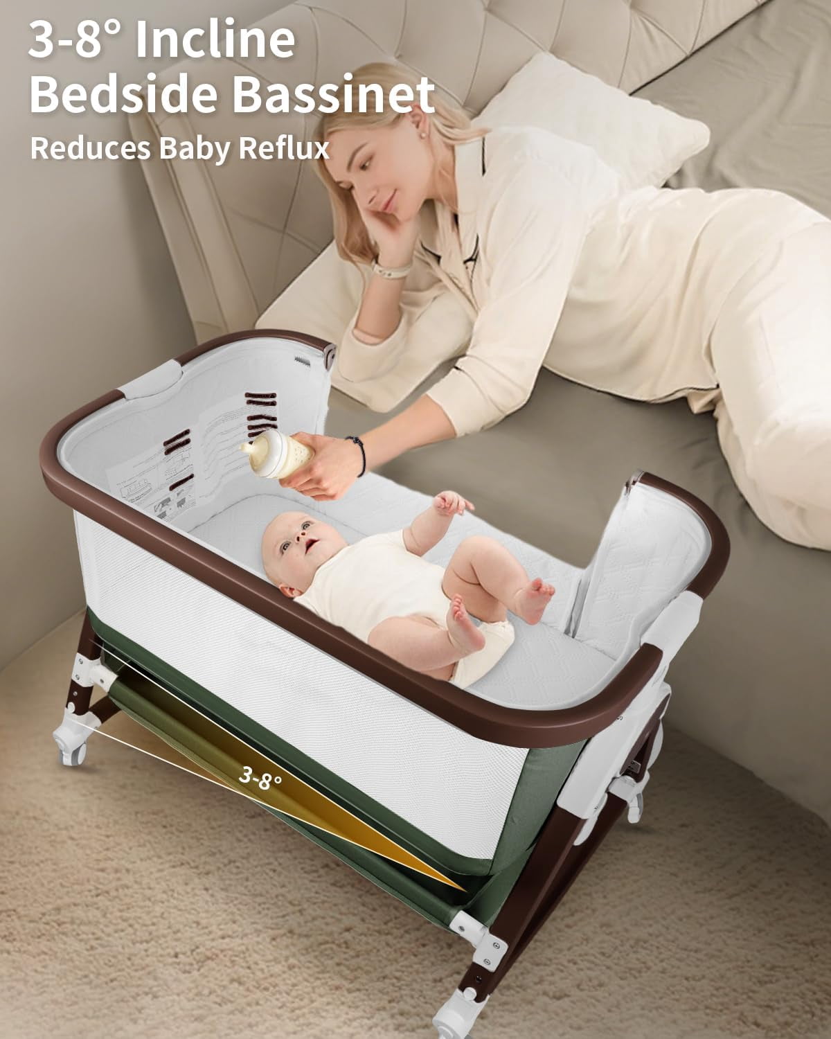 4 in 1 Baby Bassinet Bedside Sleeper W/ Wheels,Storage Basket,Adjustable 7 Heights,Mosquito Net,Breathable Mesh Cradle for Infants Toddler,Green
