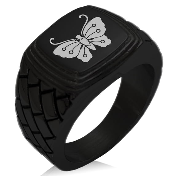 Stainless Steel Kawari Kocho Butterfly Kamon Crest Geometric Pattern Step-Down Biker Style Polished Ring