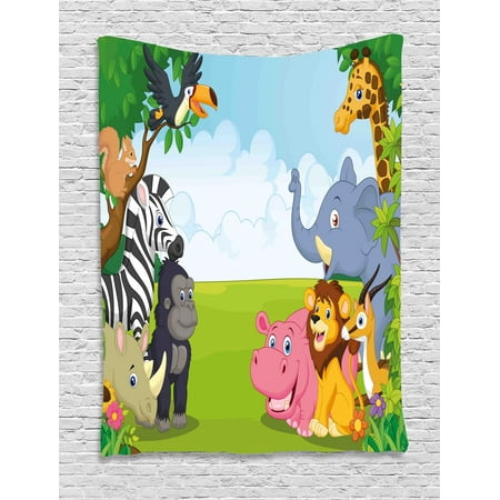 Animal Safari Wall Hangings - Kids Tapestry, Kids Design Children Nursery Room Safari Themed Cartoon Animals Image Artwork Print, Wall Hanging for Bedroom Living Room Dorm Decor, Multicolor, by Ambesonne