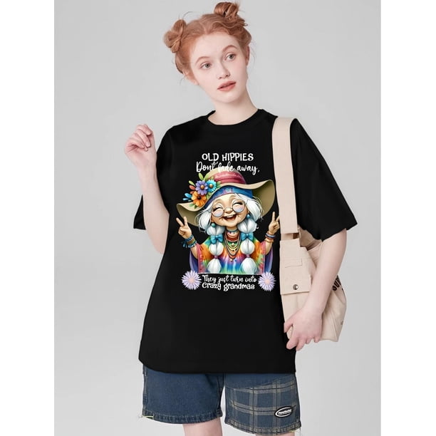 Camiseta para mujer verano cuello redondoOld Hippie, Monogram Print, Short Sleeve Crew Neck Casual Top for Summer & SpringFather's Day, MotheCamisetas de verano para mujer, manga corta, cuello redon