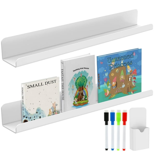 2PCS Magnetic Book Shelf for Whiteboard Acrylic Magnetic Book Holder with Pen Container 4 Colorful Pens Magnetic Floating Book Display Shelf 40cm Reusable Magnetic Shelves for Whiteboard