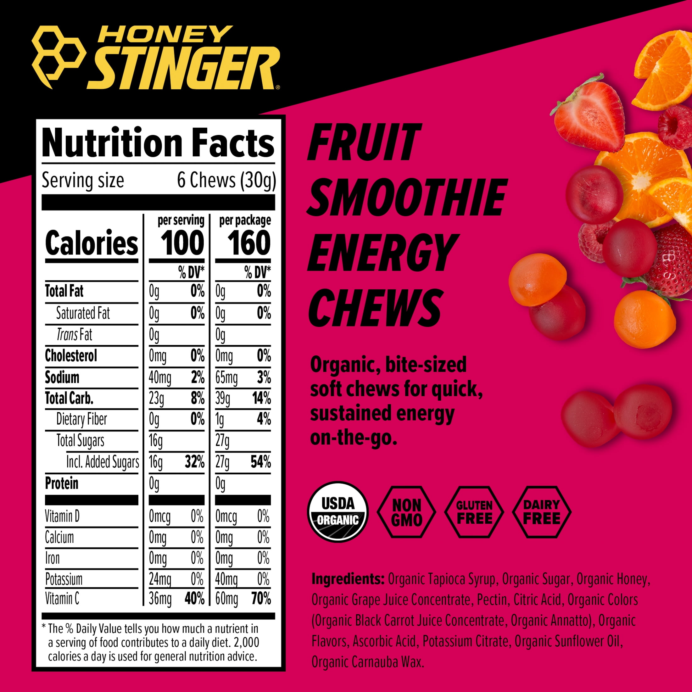 (2 pack) Honey Stinger Organic Energy Chew, Fruit Smoothie, 1.1 oz, 1 Count