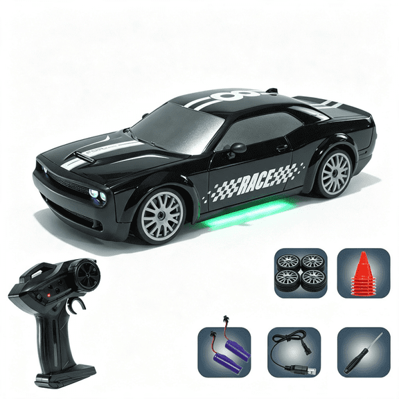 Remote Control Car 1:20 RC Drift Car 20KM/H 4WD High Speed RC Cars with LED Lights, 2 Batteries, Extra Drifting Tires, Vehicle for Adults Boys Girls (Black)