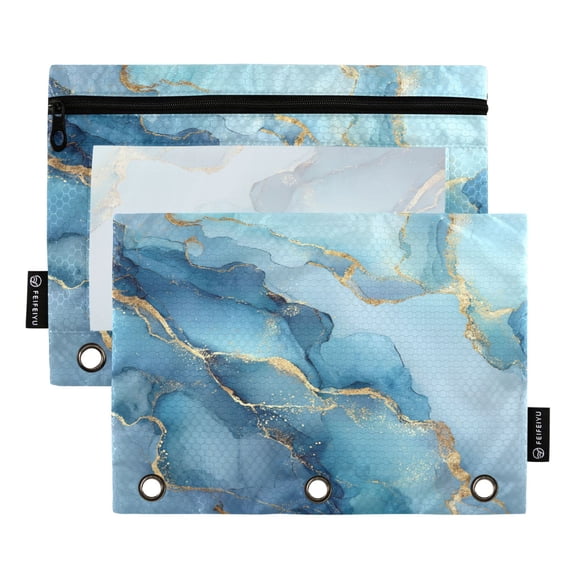2 Pack 3 Ring Binder Pouch with Clear PVC Window Water Resistant Zipper Pencil Pouch Light Blue Gold Marble Pattern Binder Pocket for Classroom Office Home Stationery Organization