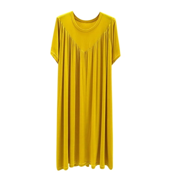 Women's Nightdress Cotton Pleated Plain Crew Neck Negligee Short Sleeves Soft Nightgown Nightwear