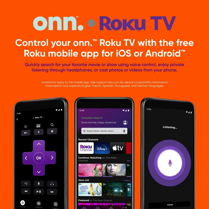 onn. 50” Class 4K UHD (2160P) LED Roku Smart Television HDR