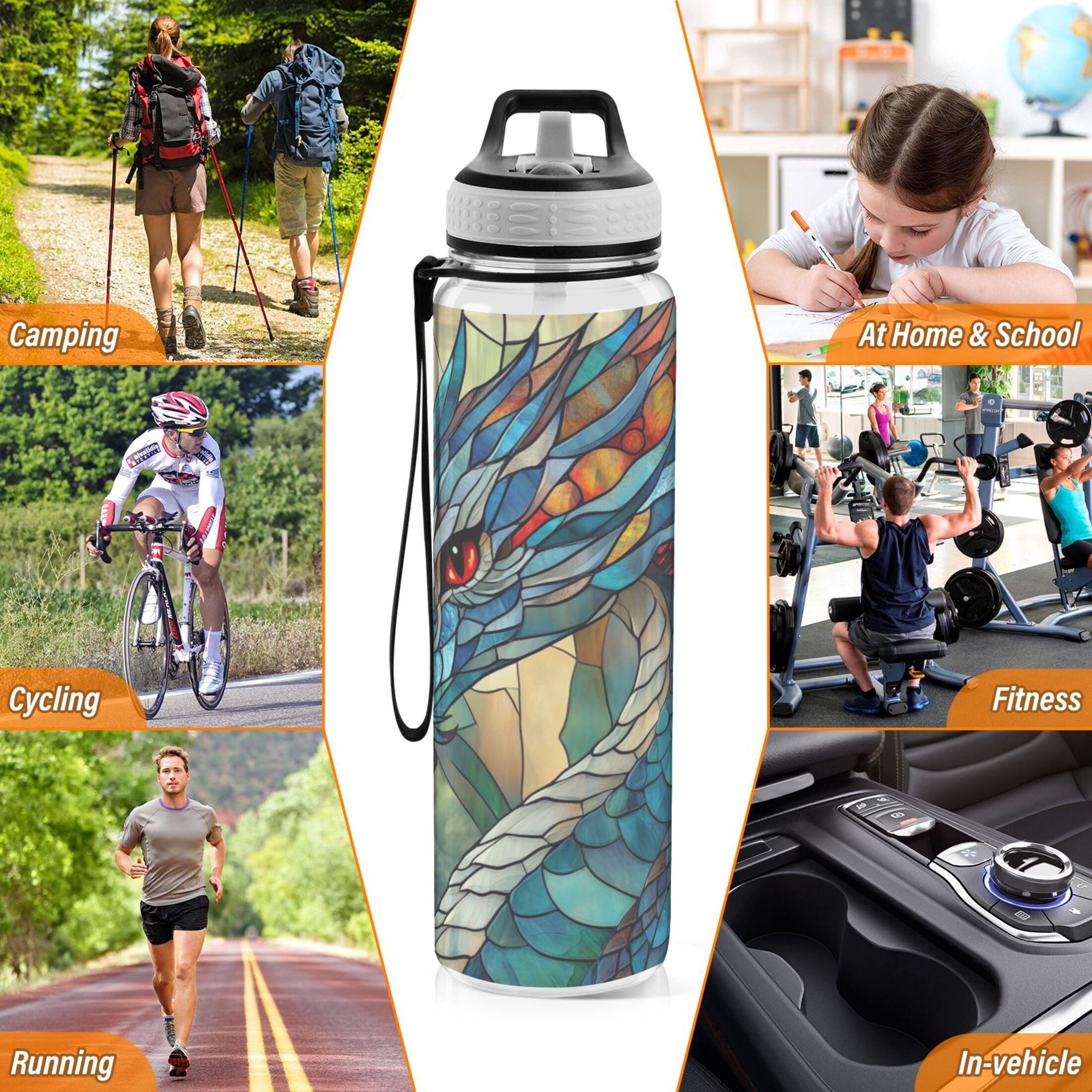 32oz Transparent Sports Water Bottle with Straw for Kids Adults Outdoor School Gym Fitness Stained Glass Dragon