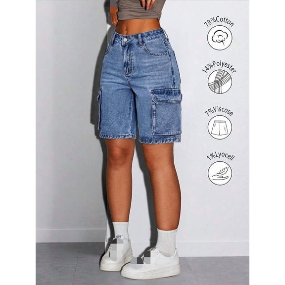 Vintage Street Style Women's Cargo Denim Shorts, Straight Leg Fit, Side Flap Pockets, Non-Stretch Summer Denim Shorts, Suitable For Daily Wear And Vacation Looks