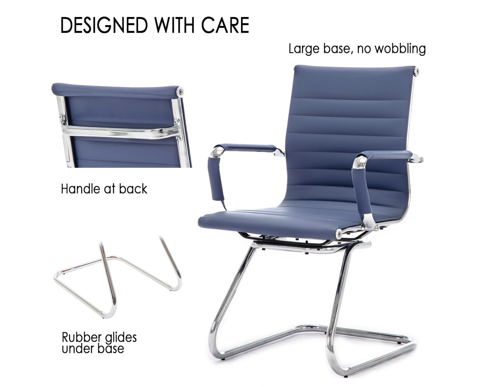 Guyou Modern Mid Back Office Guest Chair Set of 2, Faux Leather Reception Chair Computer Chair with Armrests and Metal Sled Base for Meeting/Waiting/Conference Room, No Wheels, Blue