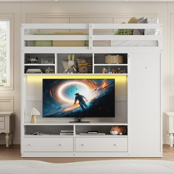 Duxelifin Full Loft Bed with Storage Shelves and Wardrobe, Wood Loft Bed with Drawers and Light for Teens Adults, White