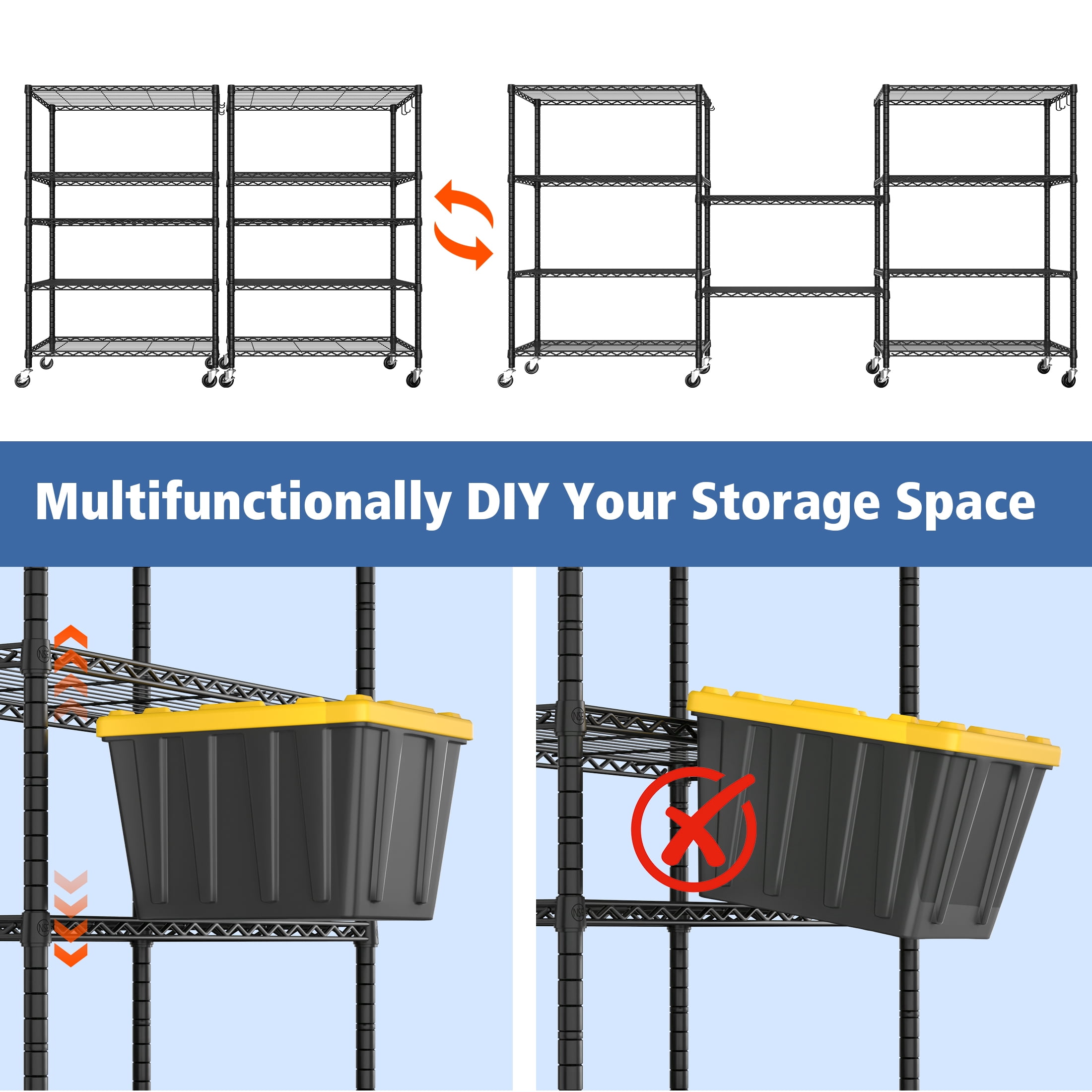 Prilinex 36"W x 14"D x 71"H Storage Shelves, 5-Tier Wire Shelf, Heavy Duty Garage Shelving Unit with Wheels , Wire Rack for Pantry, Kitchen&Closet, Black