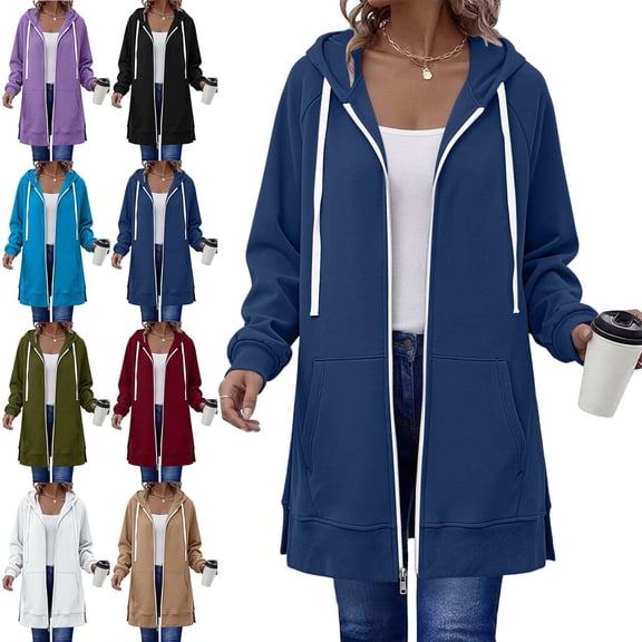 Zysthvn Drawstring Hoodie for Women Casual Tunic Fall Full Zip Womens Sweatshirts Long Sleeve Solid Loose Fit with Pockets Tops
