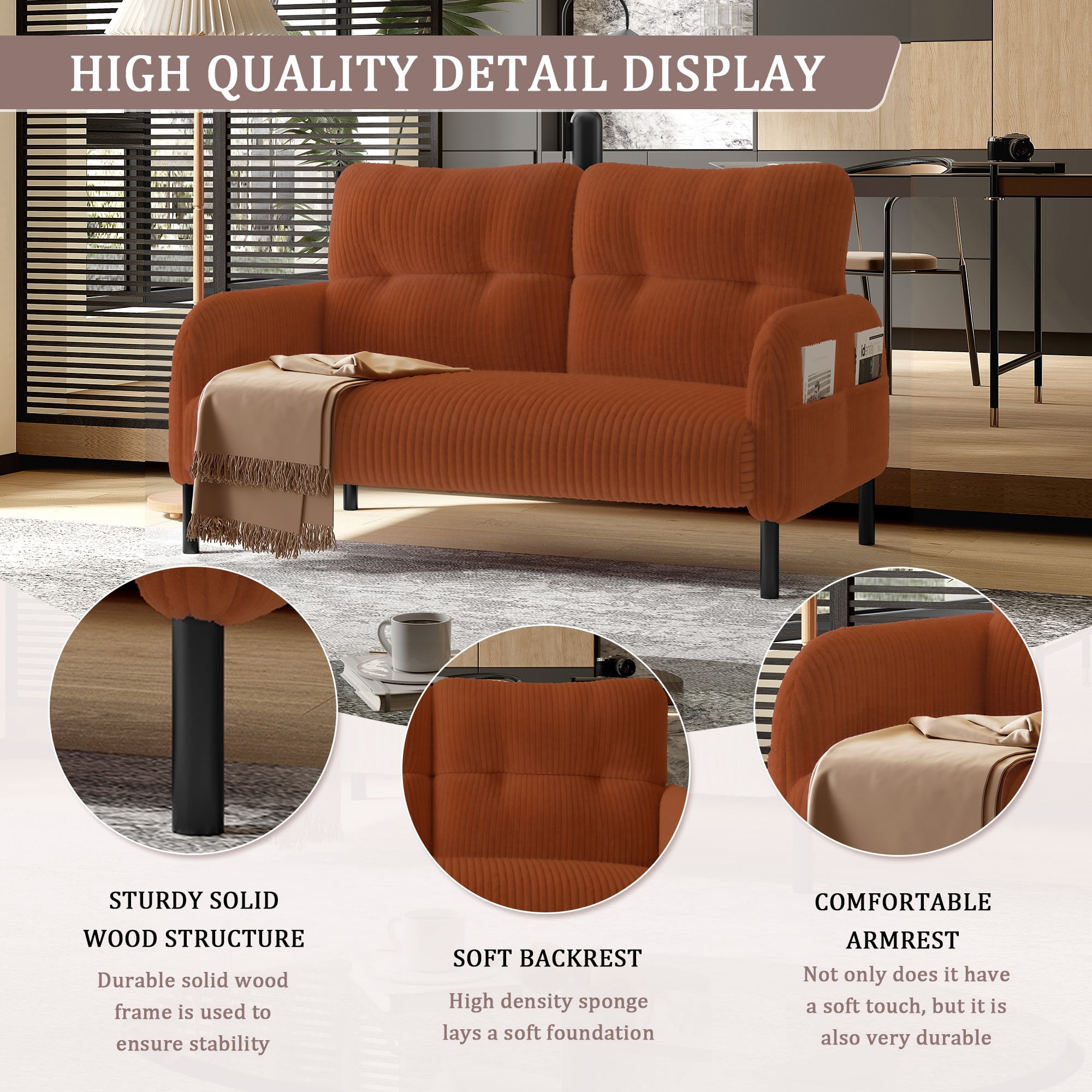 47" Small Loveseat Sofa Couch for Small Spaces,Corduroy Upholstered 2-Seater Love Seats for Apartment, Bedroom,Office,Orange