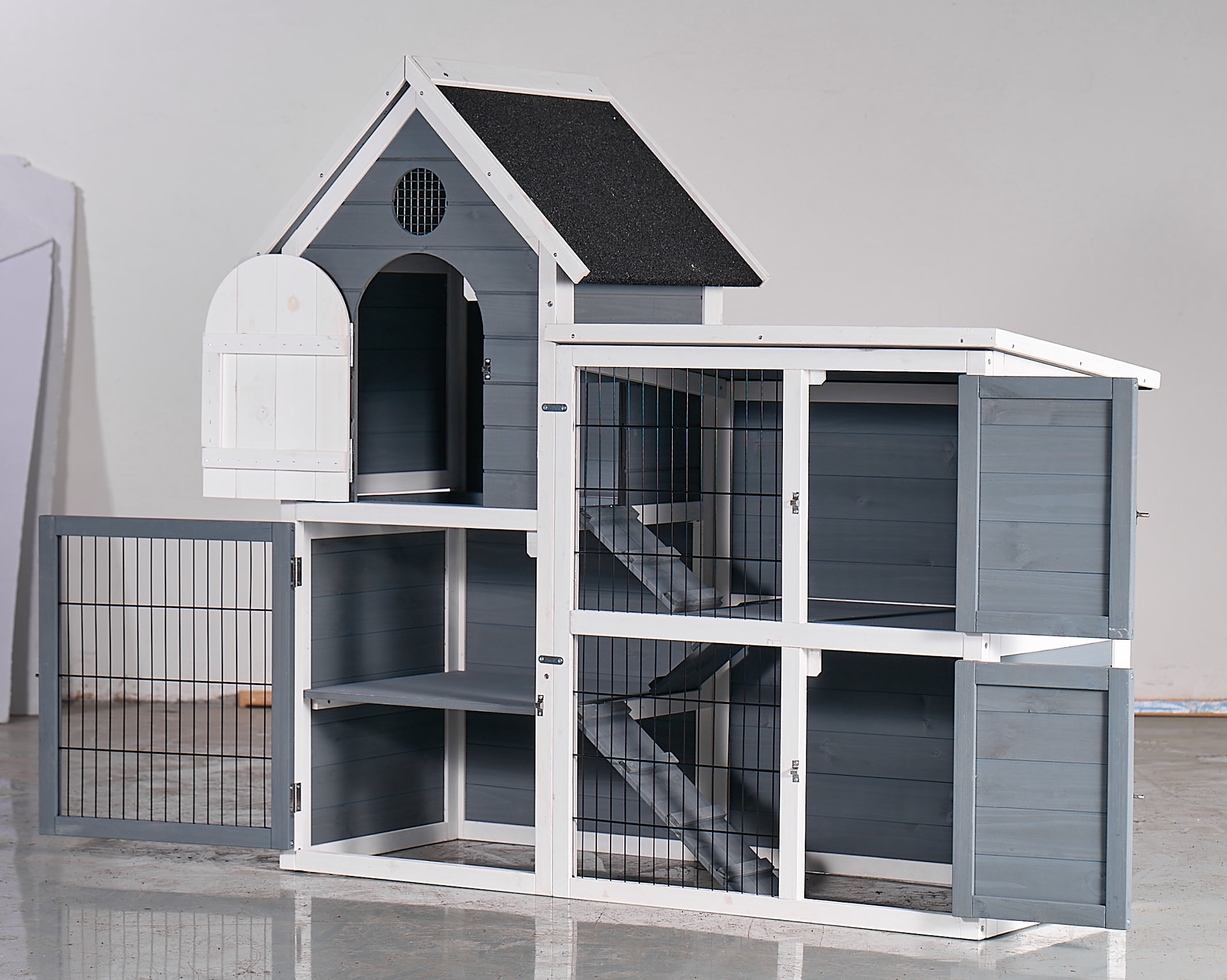 Izzovium Large Wooden Chicken Coop Cage with Pull-Out Tray, 2-Story Rabbit Hutch Waterproof Roof for Outdoor Use, 51x48 Inch, Grey & White