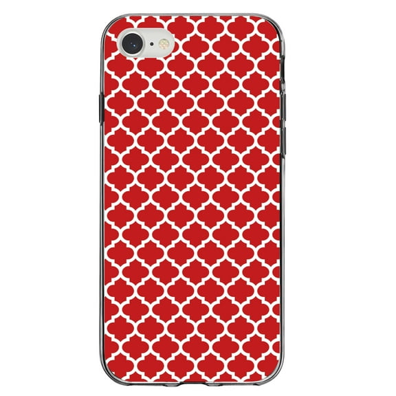DistinctInk Clear Shockproof Hybrid Case for iPhone 7 8 SE (2020 Model) 4.7" Screen TPU Bumper Acrylic Back Tempered Glass Screen Protector - Red White Moroccan Lattice