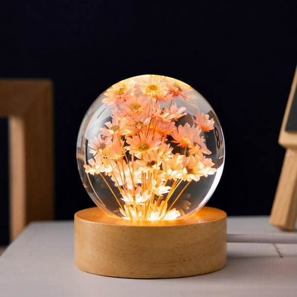 Forever Flowers Lámpara de noche con bola de cristal con base de madera y bola redonda
