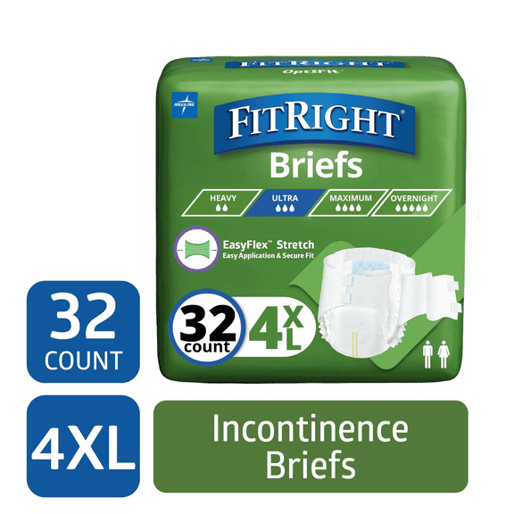 FitRight Adult Incontinence Briefs, Diapers with Tabs, Super Absorbent, 4XL, 65in to 94in, 32 Count