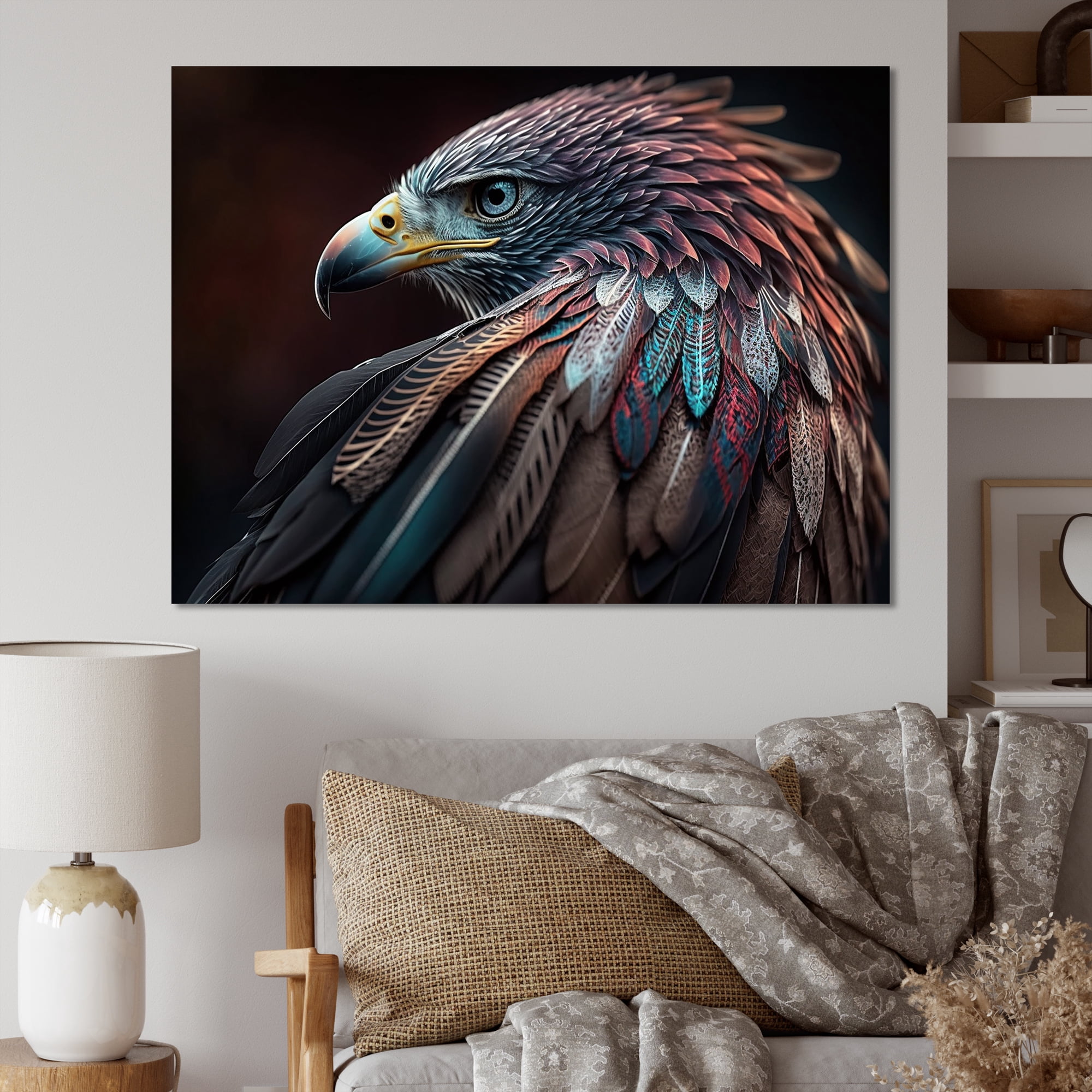 Designart Macro Colorful Feather Eagle VII Canvas Wall Art