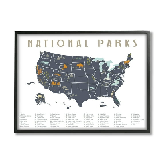 Stupell Industries National Parks United States Adventure Map Blue White, 30 x 24, Design by Daphne Polselli