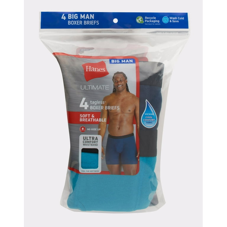 Hanes Ultimate Big Men's Cotton Boxer Brief Underwear, Blue/Red, 4
