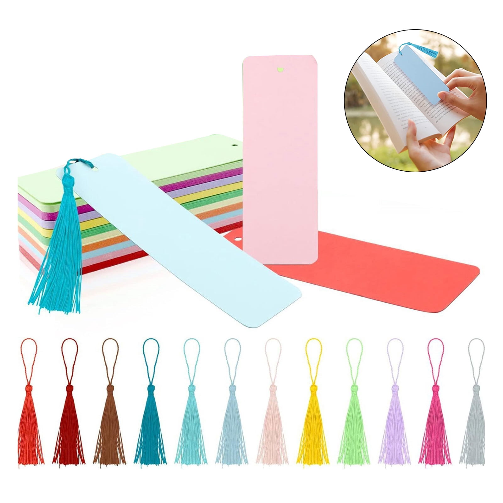 UNTERING Bookmark Blank Kraft Paper Bookmarks Rectangle Book Marks Hanging Label with Colorful Tassels for Party Decorations Project